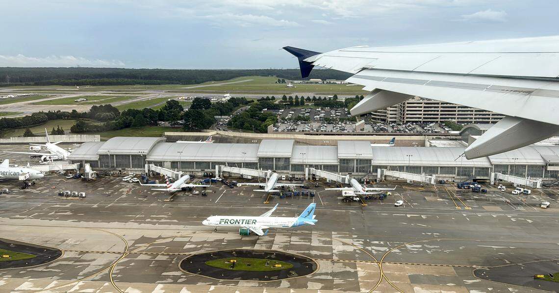 Raleigh-Durham International Airport, as seen from a departing flight in June 2025.