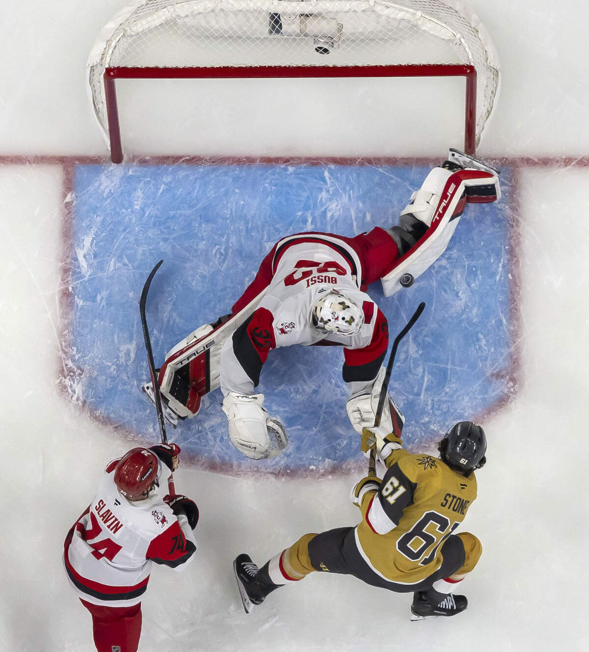 Carolina Hurricanes goalie Brandon Bussi (32) stops a scoring attempt by Vegas right wing Mark Stone (61) in the first period of Game 6 of the Stanley Cup Final, on Sunday, June 14, 2026 at T-Mobile Arena in Las Vegas, NV.