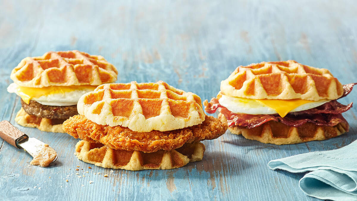 North Carolina’s Biscuitville has introduced waffle sandwiches: one with sausage egg and cheese, one with bacon egg and cheese, and one with spicy fried chicken.