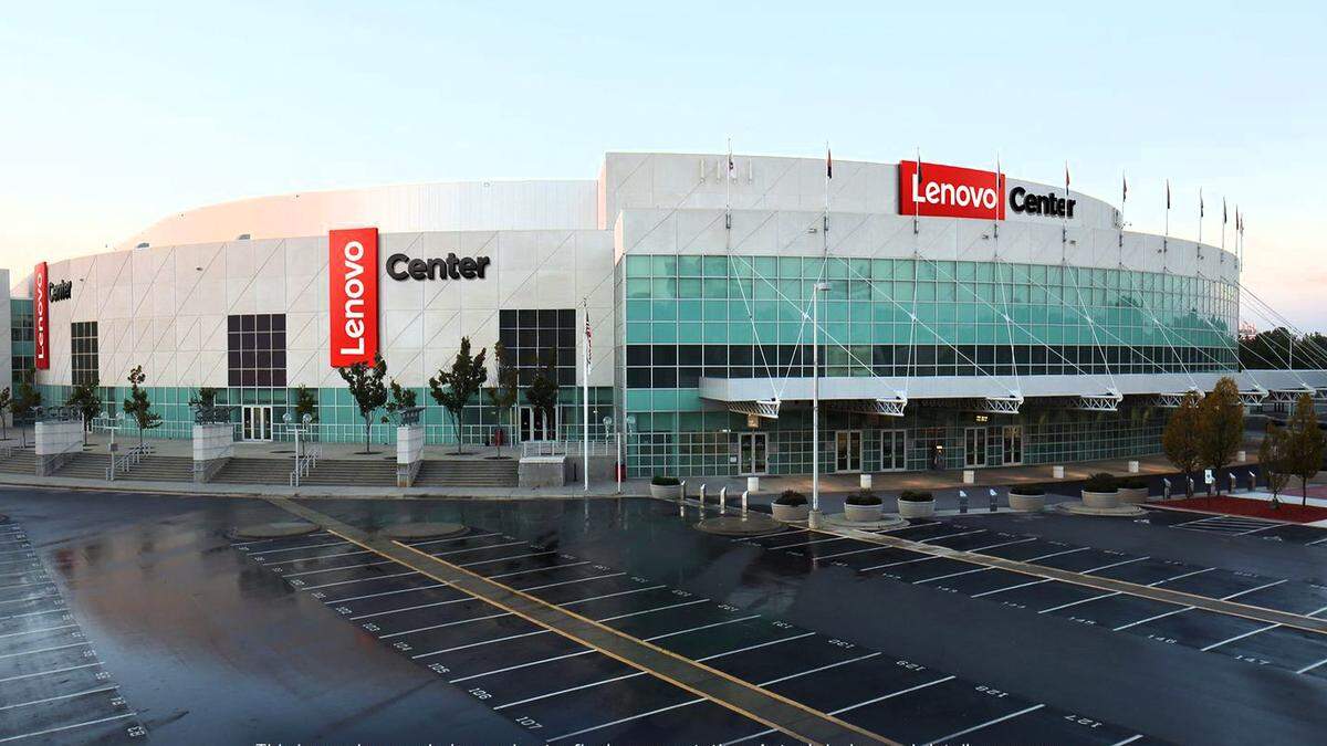A rendering shows expected signage on the Lenovo Center, formerly PNC Arena, in Raleigh after the announcement that Lenovo had acquired naming rights for the facility.