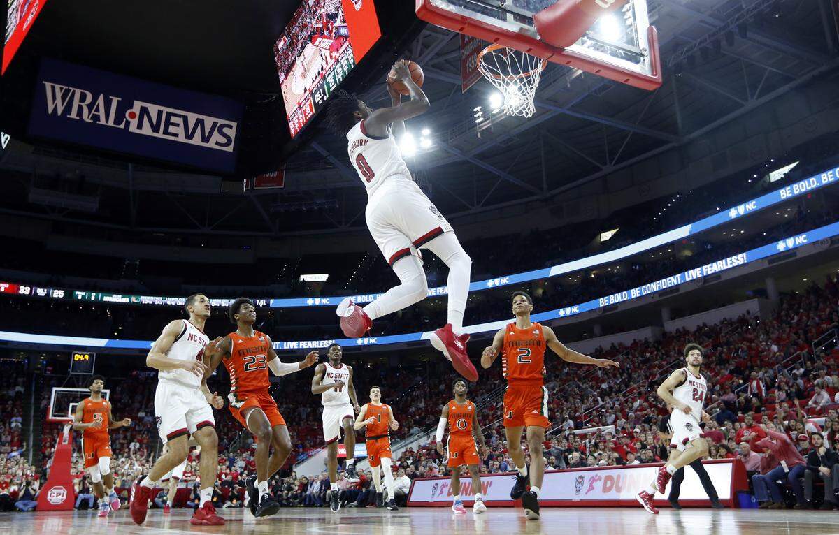 N.C. State’s D.J. Funderburk (0) heads to the basket during N.C. State’s 80-63 victory over Miami at PNC Arena in Raleigh, N.C., Wednesday, Jan. 15, 2020.