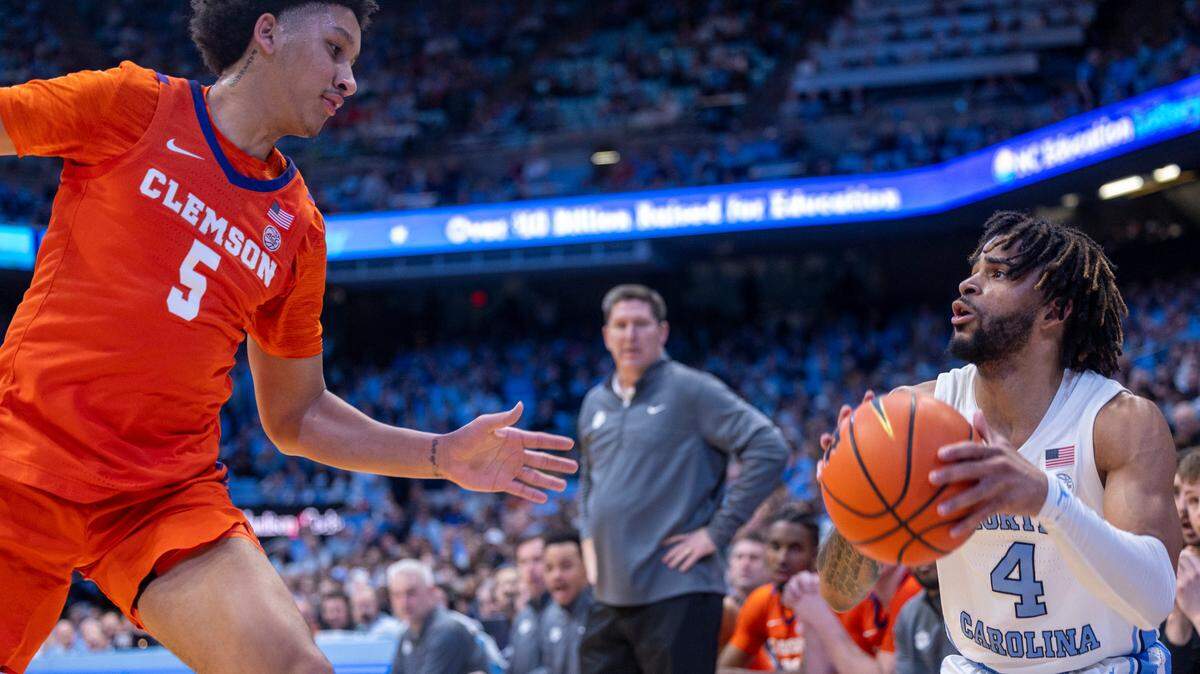 Clemson’s Jack Clark (5) defends North Carolina’s R.J. Davis (4) in the first half on Tuesday, February 6, 2024 at the Dean E. Smith Center in Chapel Hill, N.C.