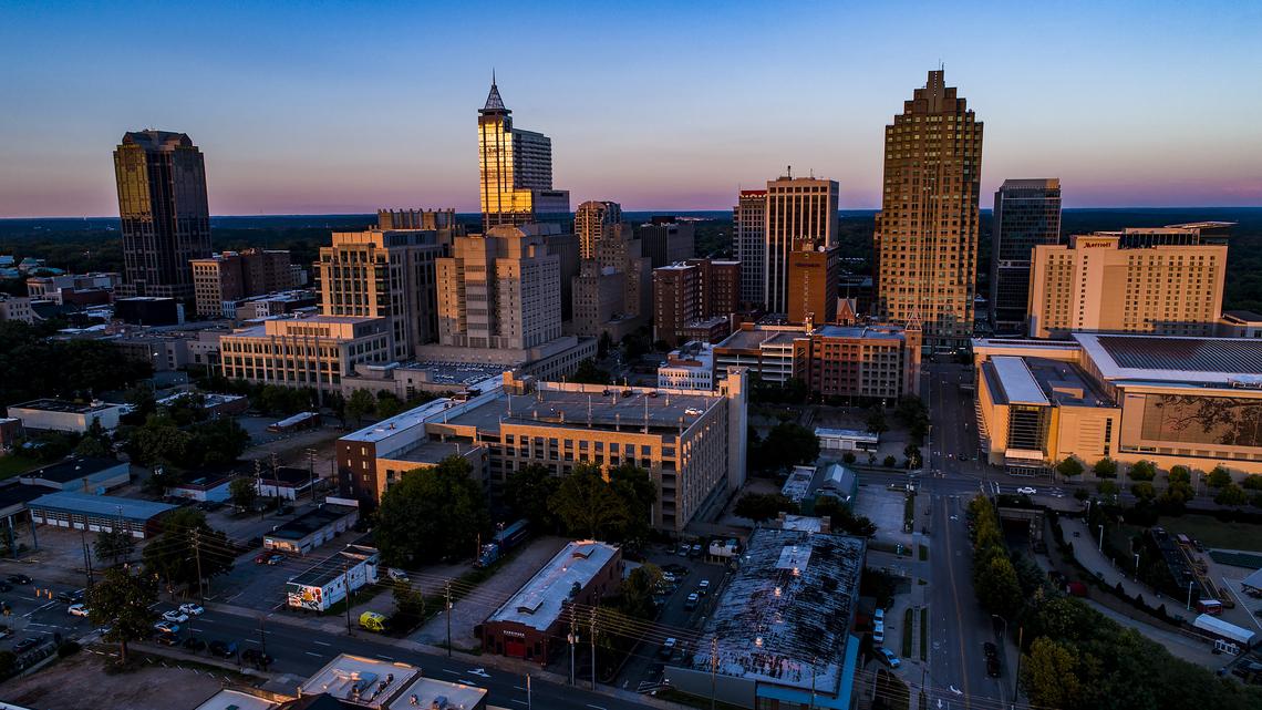 An aerial view showing the high-rises in downtown Raleigh, June 16, 2021.
