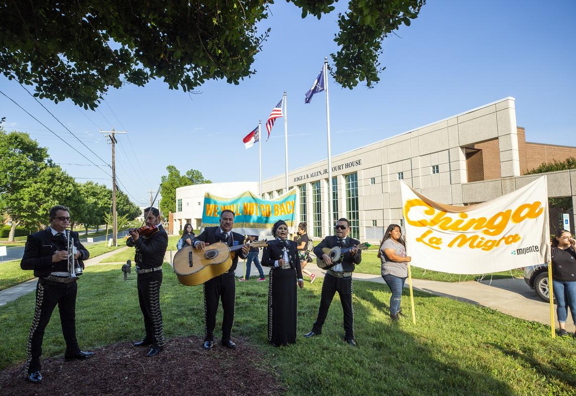 Mariachi Los Viajeros de Carolina Del Norte performs during a protest opposing the return of an ICE program known as 287g, that allows sheriff deputies to act as immigration agents, outside the Alamance County Superior Court on Wednesday, Jun. 13, 2018, in Graham, NC. Alamance County Sheriff Terry Johnson has re-applied for the program even after his department was investigated by the Department of Justice in 2012 for racial profiling against Latinos under the program. Johnson had directed his sheriffs to arrest motorists who appeared Latino, using the term "taco-eaters."