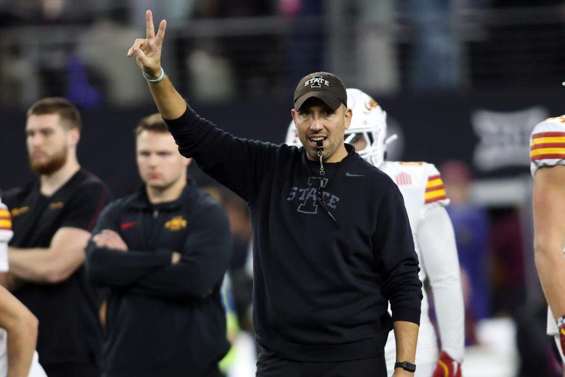 Iowa State Cyclones head coach Matt Campbell stands on the field before the game against the Arizona State Sun Devils at AT&T Stadium.