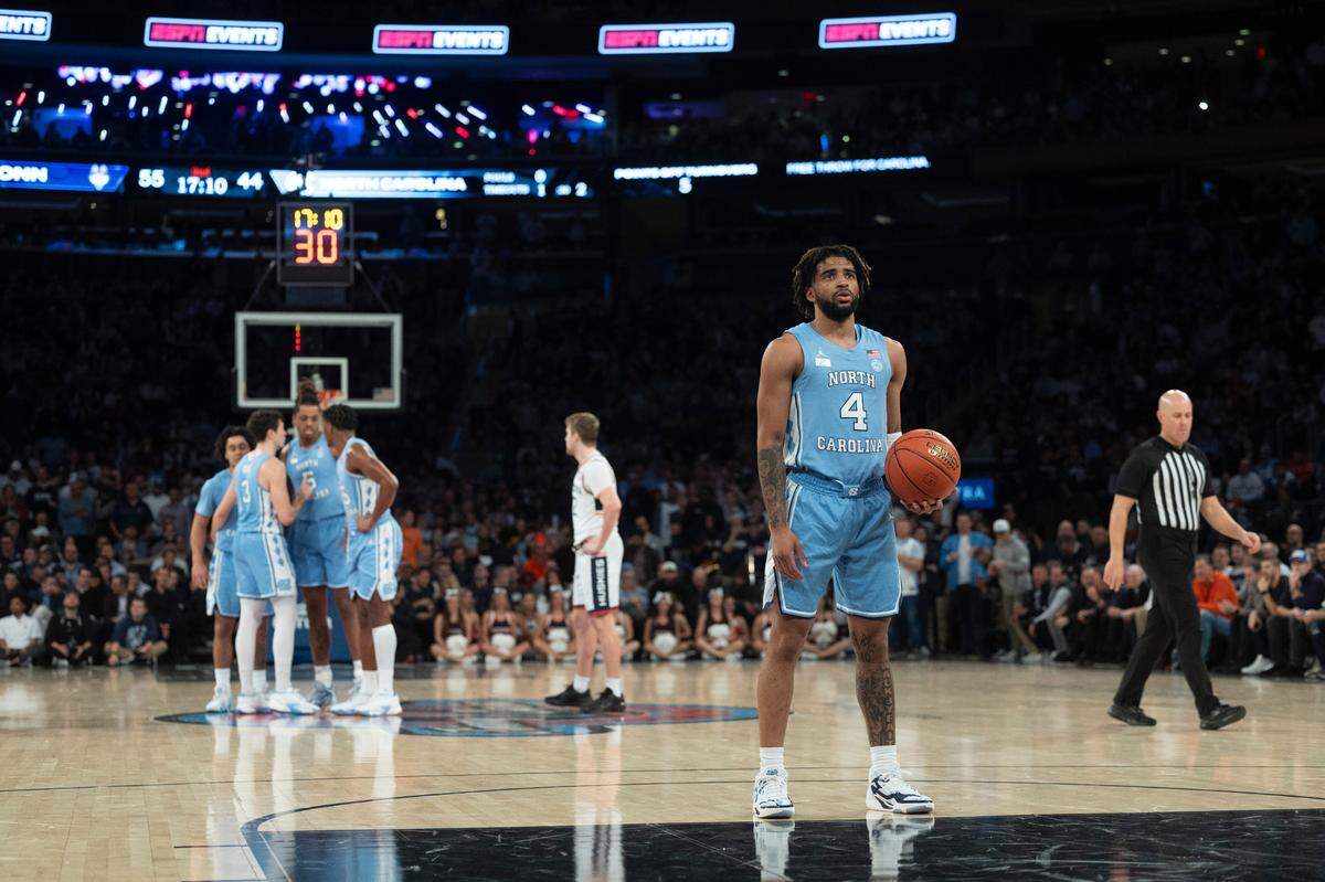 North Carolina’s R.J. Davis (4) concentrates on the rim from the free-throw line after a technical foul on Connecticut’s Cam Spencer (12) in the second half during the Jimmy V Classic on Tuesday, December 5, 2023 at Madison Square Garden in New York, NY.