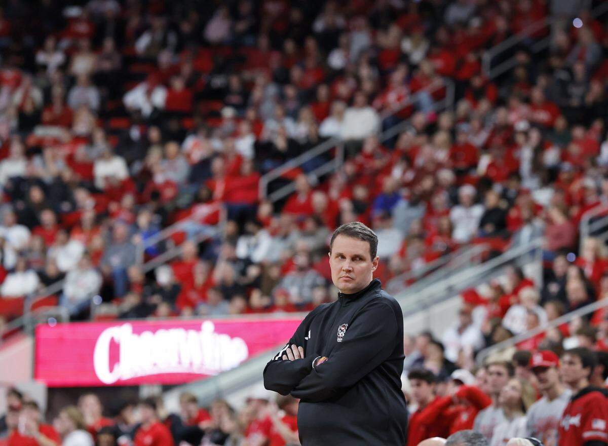 N.C. State head coach Will Wade watches from the sideline during the second half of the Wolfpack’s 78-74 loss to Georgia Tech on Saturday, Jan. 17, 2026, at Lenovo Center in Raleigh, N.C. 