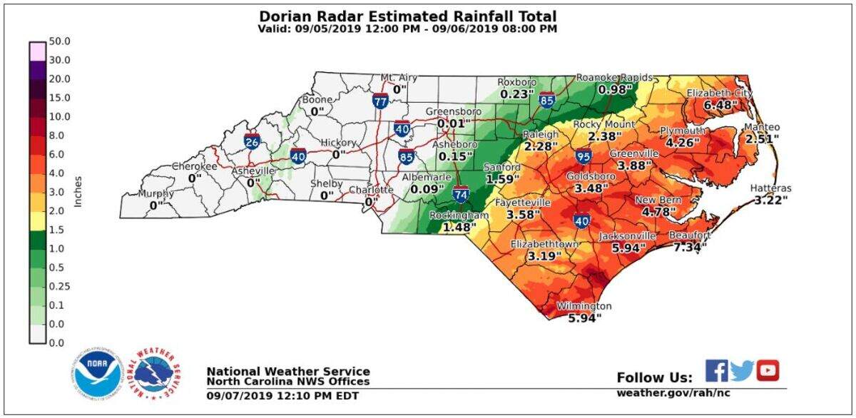Estimated rainfall totals from Hurricane Dorian for North Carolina. 
