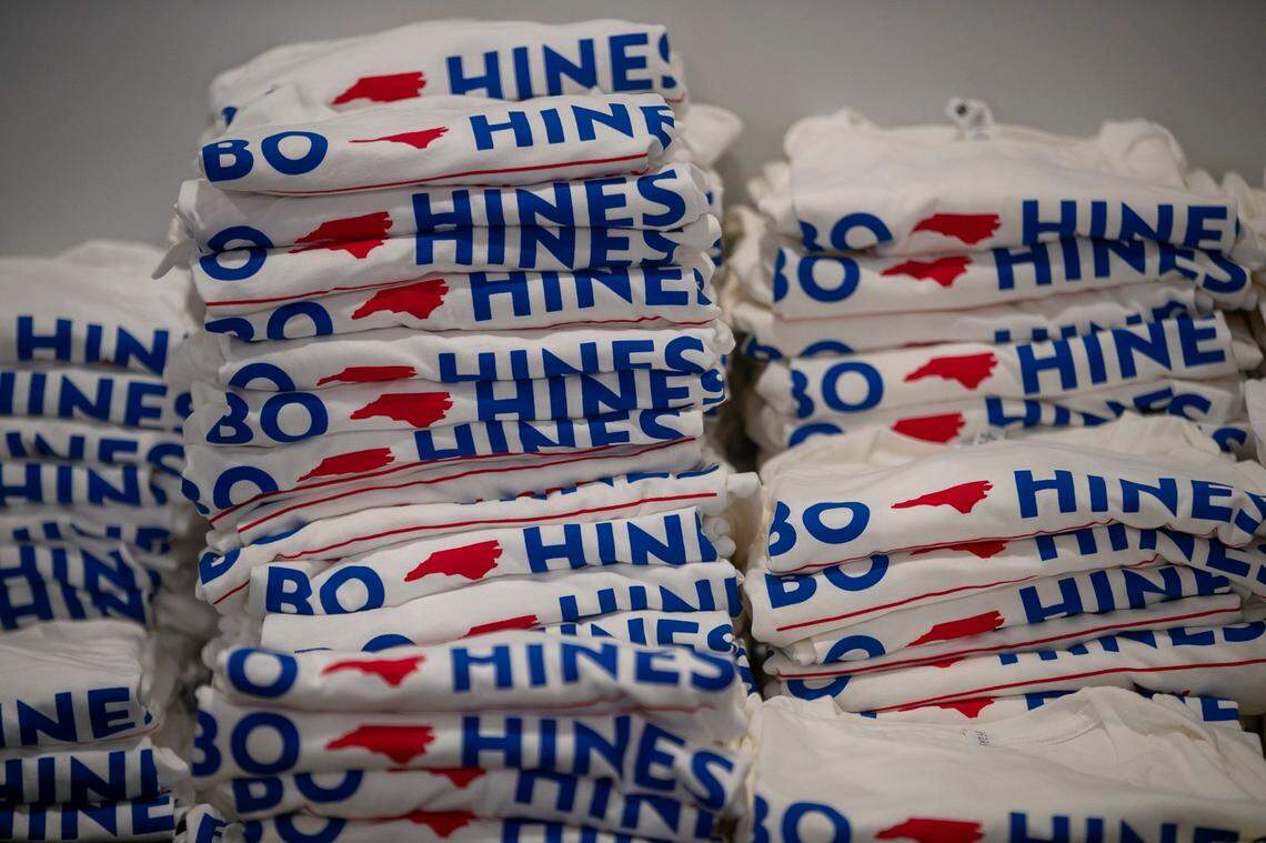 A stack of Bo Hines t-shirts a his election night gathering for supporters at the Norris House on Tuesday, November 8, 2022 in Raleigh, N.C.