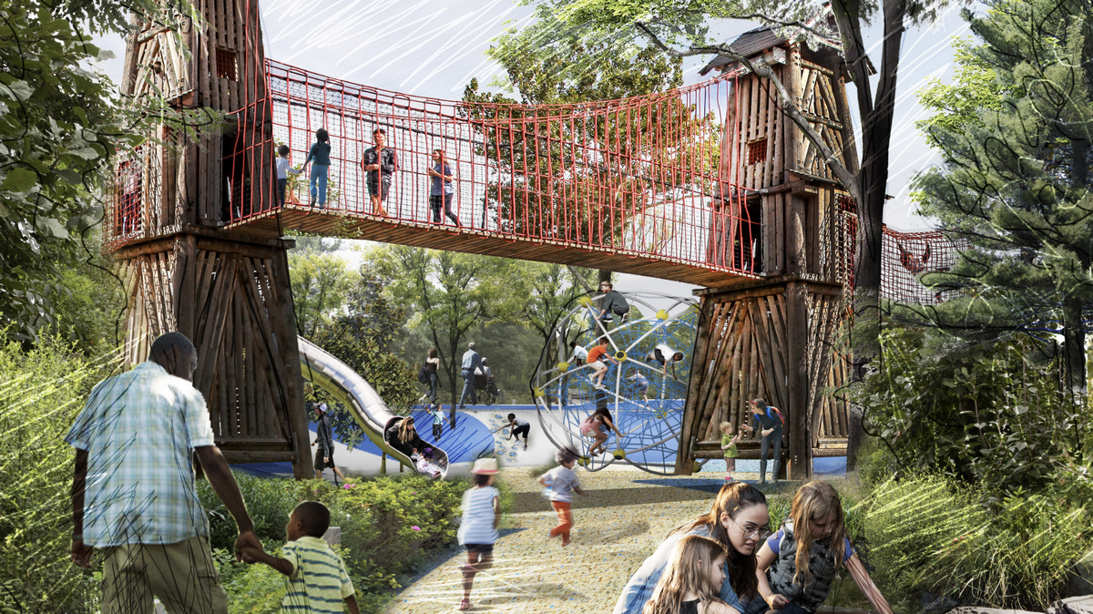 A rendering of a proposed playground at the Plaza and Play area of Dix Park.
