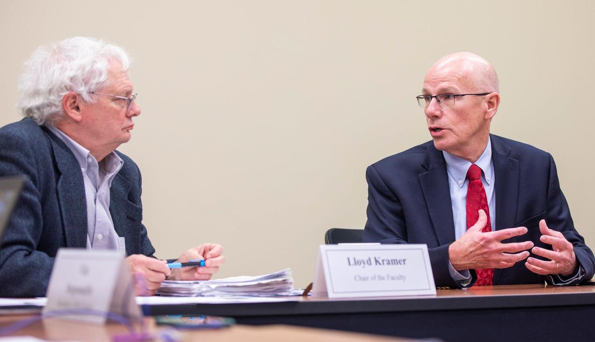 UNC-Chapel Hill Provost Bob Blouin talks with members of the Faculty Executive Committee during a meeting held to address the settlement between the UNC Board of Governors and N.C. Sons of Confederate Veterans, giving them ‘Silent Sam’ and $2.5 million dollars, on Monday, Dec. 9, 2019, in Chapel Hill, NC.
