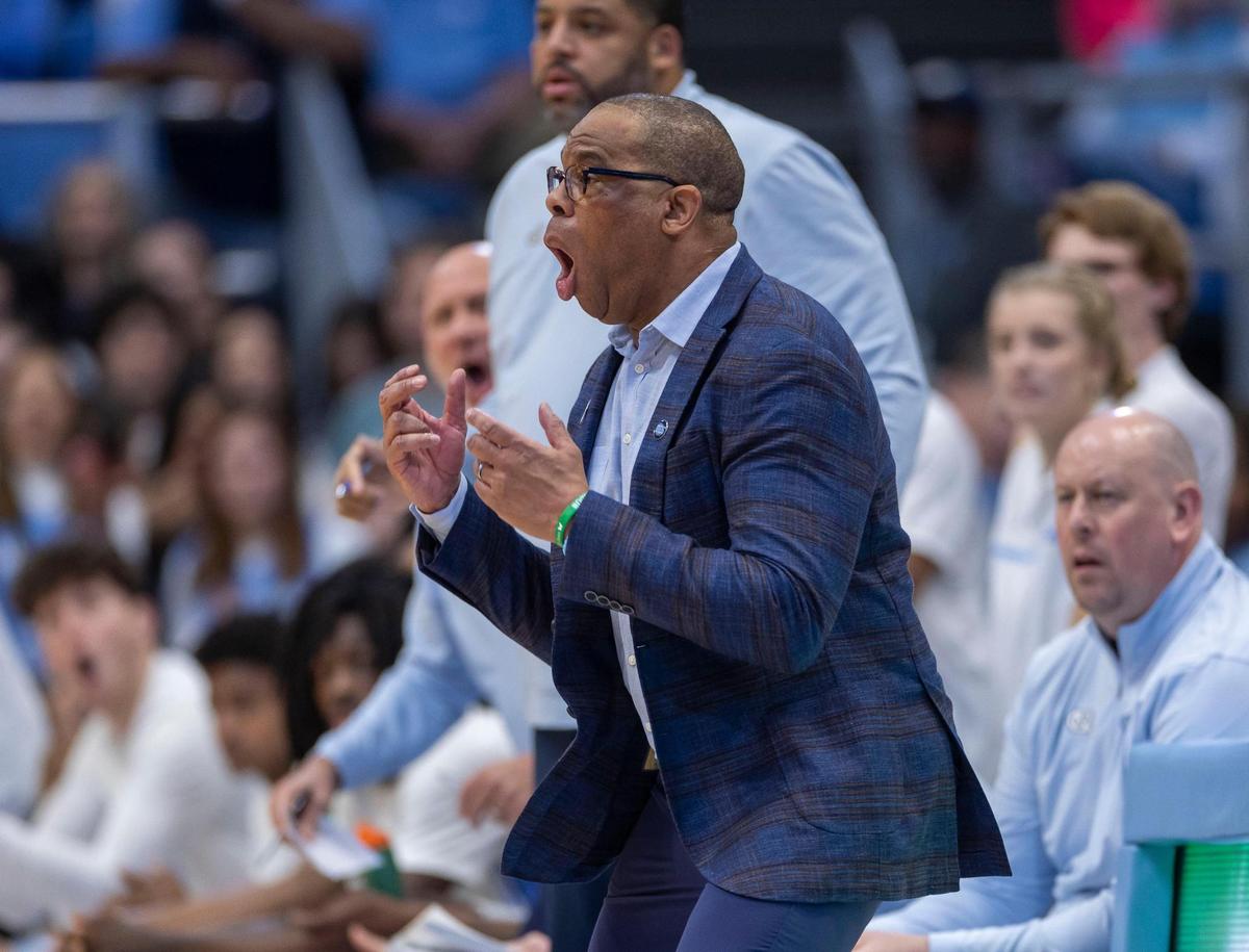 North Carolina coach Hubert Davis reacts to a foul against his team in the first half against Pitt on Saturday, February 8, 2025 at the Smith Center in Chapel Hill, N.C