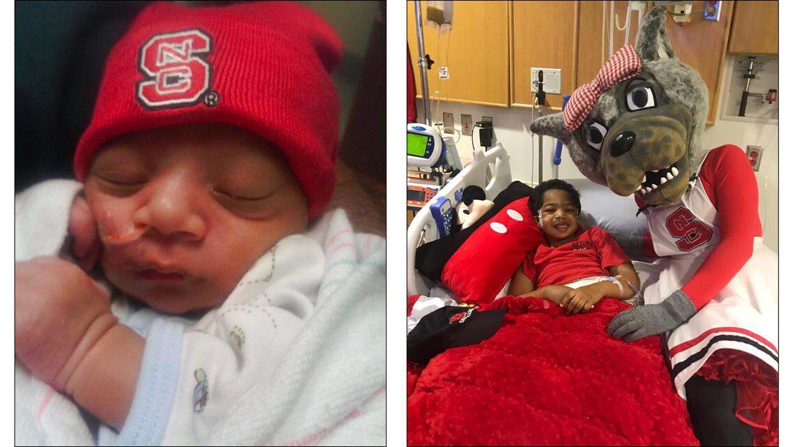 Grayson Ketchie at three weeks old, left, and with Ms. Wuf at the pediatric intensive care unit at UNC Children’s Hospital.