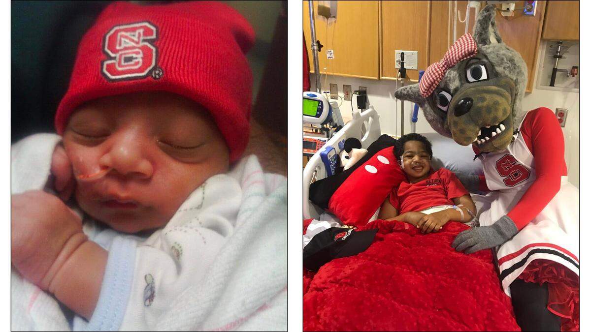 Grayson Ketchie at three weeks old, left, and with Ms. Wuf at the pediatric intensive care unit at UNC Children’s Hospital.