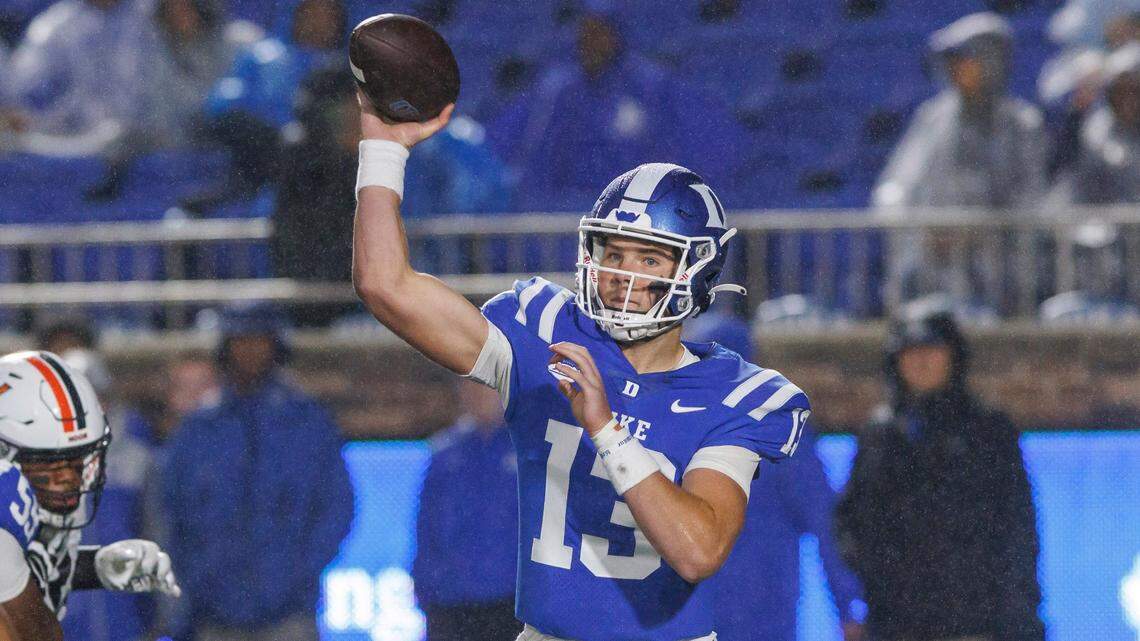 Duke’s Riley Leonard throws a pass during the first half of the team’s NCAA college football game against Virginia in Durham, N.C., Saturday, Oct. 1, 2022. (AP Photo/Ben McKeown)