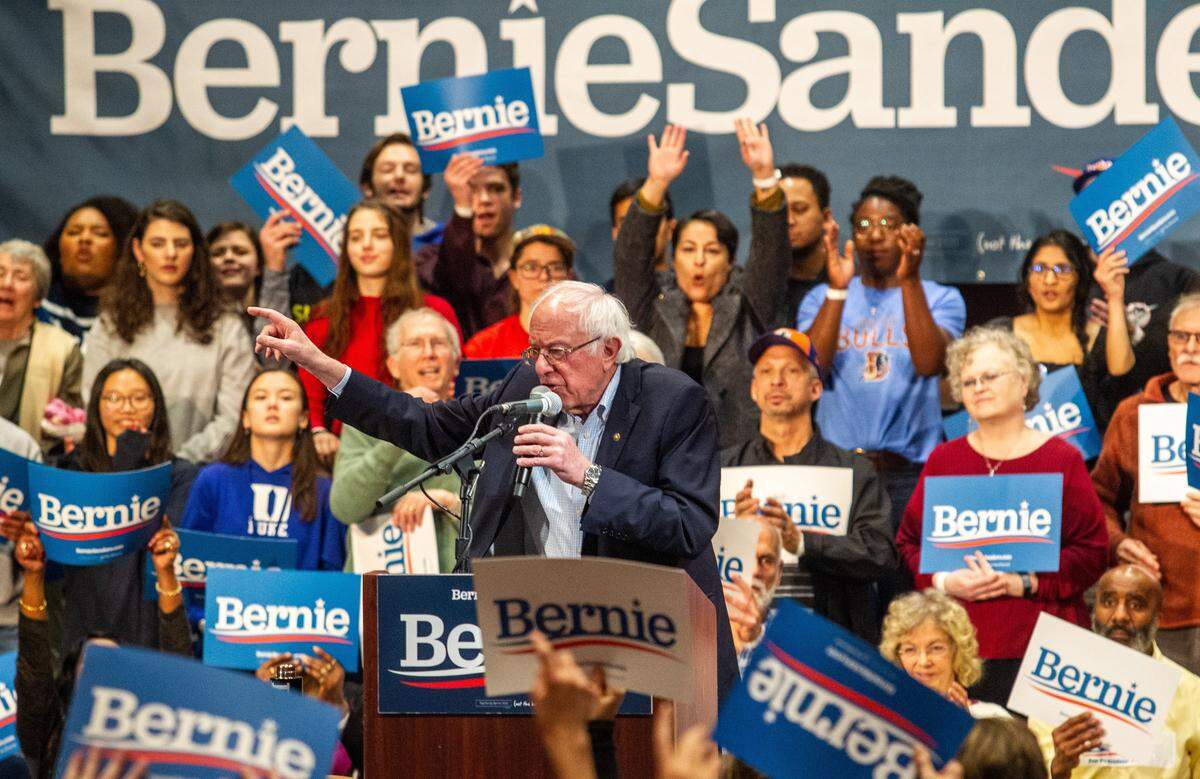 Sen. Bernie Sanders speaks during a campaign rally at the Durham Convention Center Friday, Feb. 14 2020. The campaign says about 3100 people attended the event.