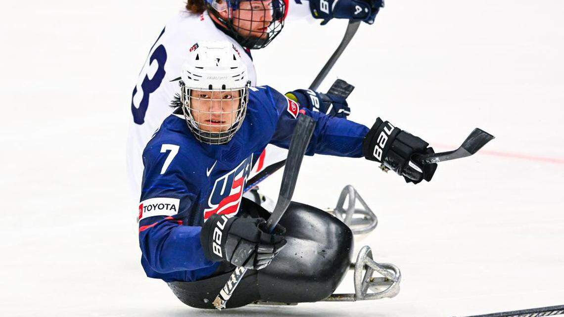 Kayden Beasley (7) competes in an International Para Hockey Cup 2024 match.