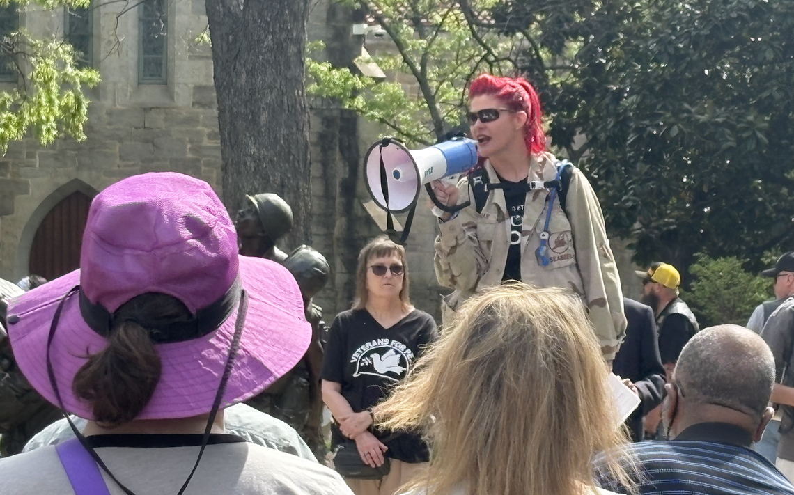 Lindsay Knapp, 42, led a crowd of anti-Trump protesters at Raleigh’s Bicentennial Plaza on Saturday, April 5.