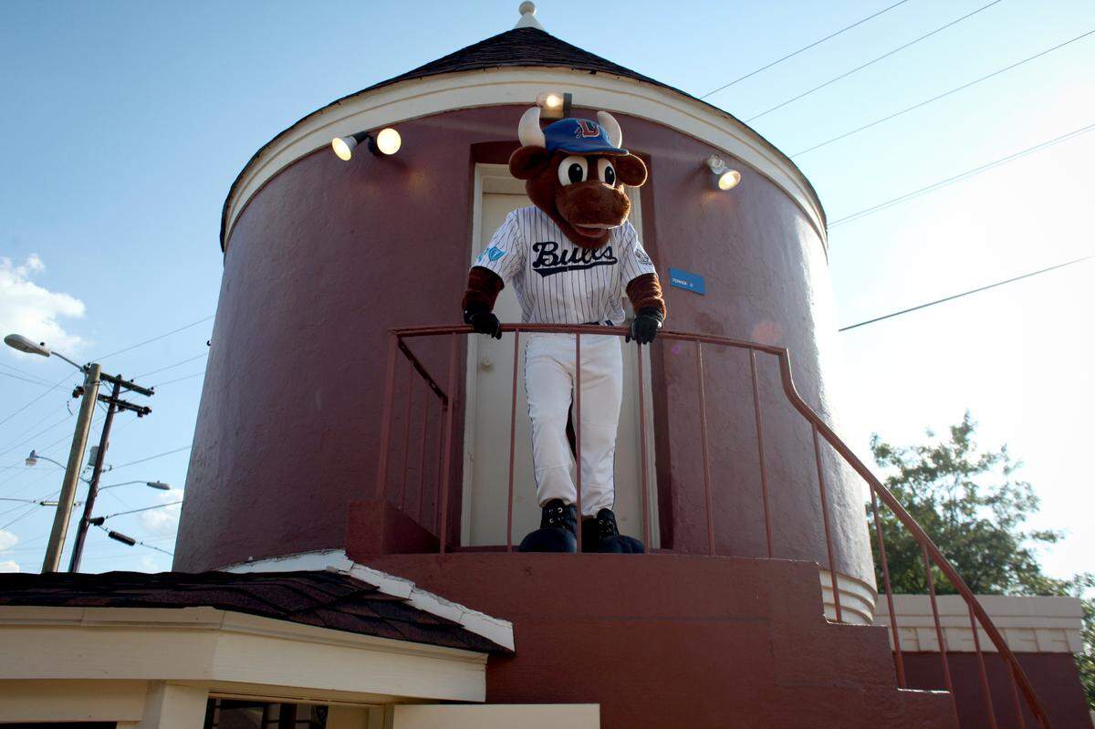 The Durham Bulls’ mascot Wool E. Bull leaves his dressing room to greet fans during the Durham Bulls’ return to the Historic Durham Athletic Park Monday, May 9, 2011 against the Indianapolis Indians. DAP was the home of Durham Bulls from 1926-1994.