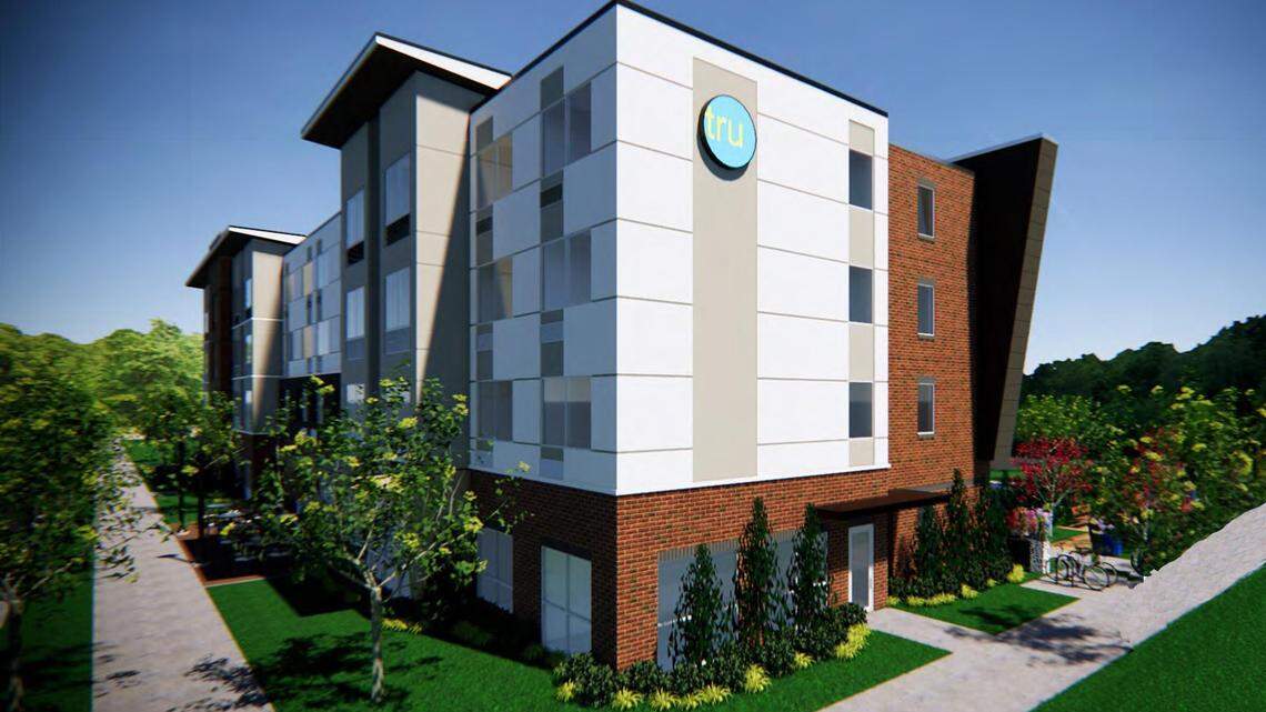 The Tru by Hilton hotel will be the first building to come out of the ground at the current site of Hong Kong Buffet restaurant on Fordham Boulevard. Three apartment buildings, an office building and parking decks will be added over time.