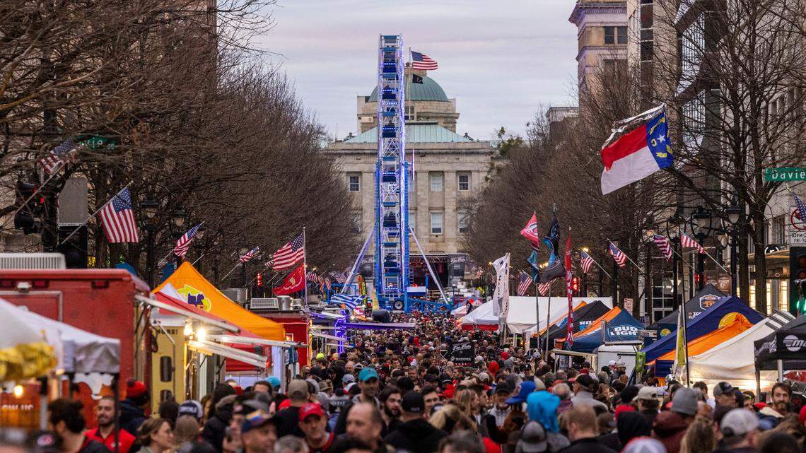 Carolina Hurricanes fans pack Fayetteville Street during the Carolina Hurricanes Fan Fest 2023, a free, all-day party in downtown Raleigh Friday, Feb. 17, 2023.