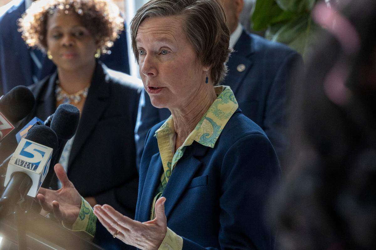 Lt. Gov. Rachel Hunt speaks during a press conference in Durham on Monday, March 10, 2025.