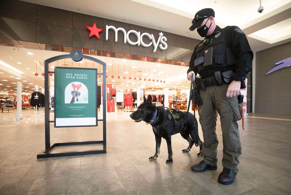 Cigan, a gun-sniffing German shepherd, pauses outside of Macy’s department store with his handler, Leo DuPont, while on his first patrol at The Streets at Southpoint mall in Durham, N.C. on Wednesday, Dec. 22, 2021.