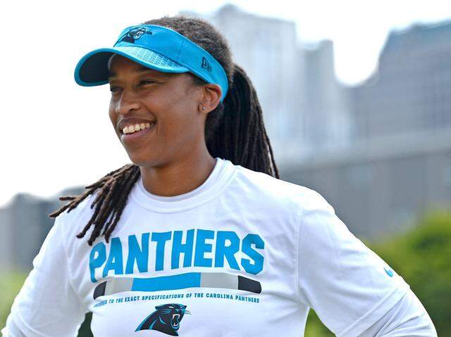 Jennifer King, photographed in 2019, when she was a coaching intern for the Carolina Panthers. She was the first female coaching intern to be hired by Carolina. In 2021, she was named Washington Football Team’s assistant running backs coach. 