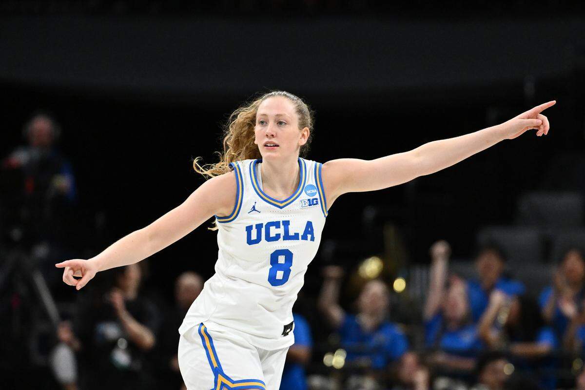 Gianna Kneepkens of the UCLA Bruins reacts against the Duke Blue Devils during the second quarter in the teams’ Elite Eight game at the 2026 NCAA Women’s Basketball Tournament at Golden 1 Center on March 29, 2026 in Sacramento, California.