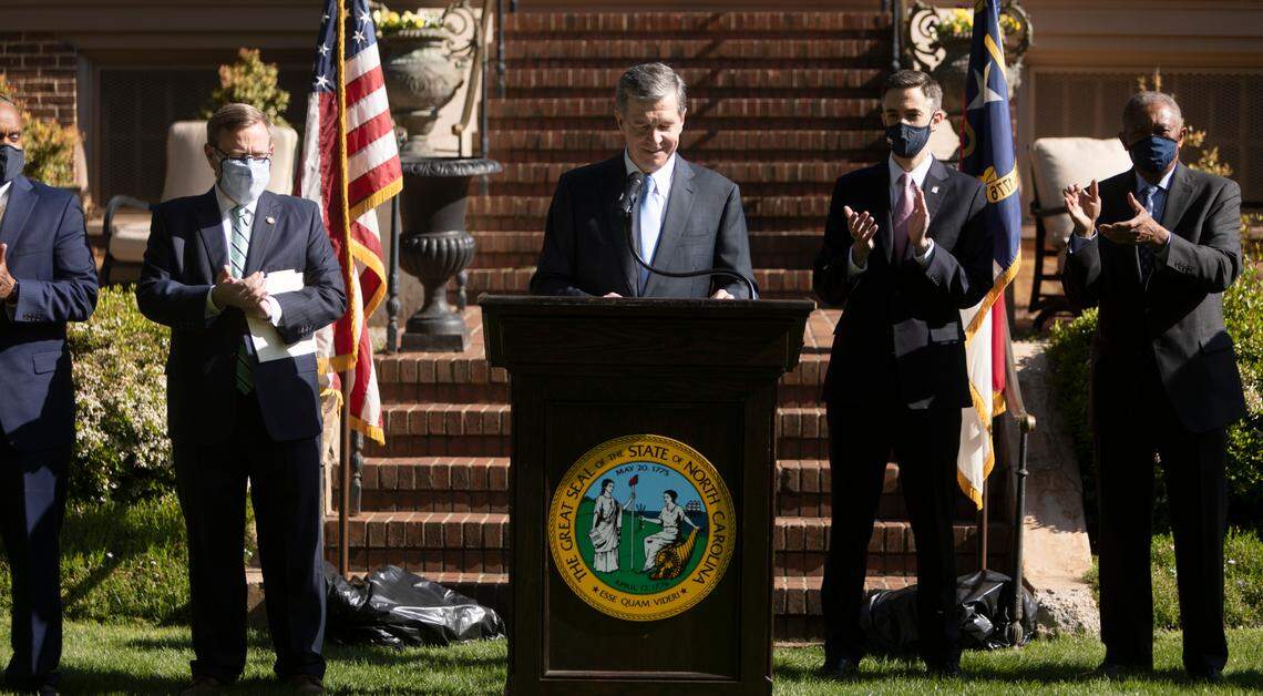 In this file photo, Gov. Roy Cooper announced Apple’s new campus in North Carolina on April 26, 2021, at the Executive Mansion in Raleigh.