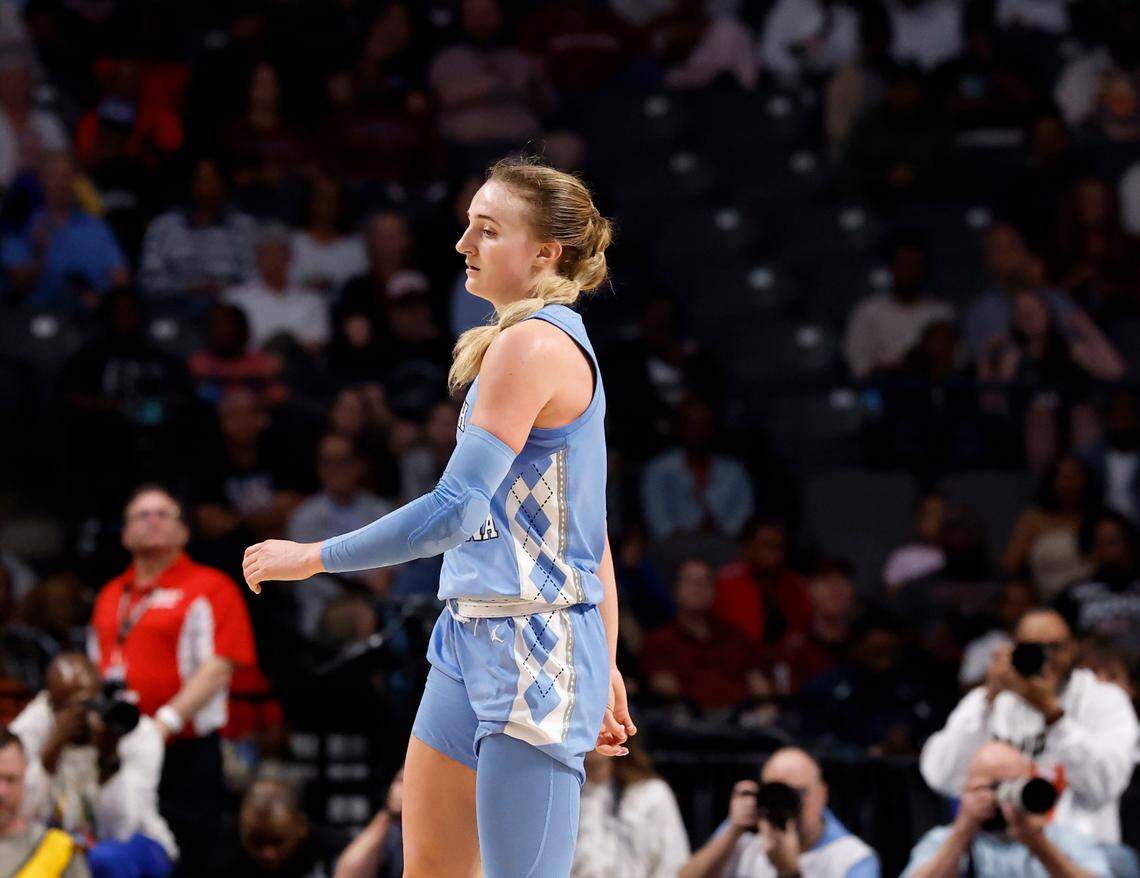 North Carolina’s Alyssa Ustby walks off the court following the Tar Heels’ 47-38 loss to Duke in the Birmingham Regional of the NCAA Tournament at Legacy Arena on Friday, March 28, 2025 in Birmingham, Ala.