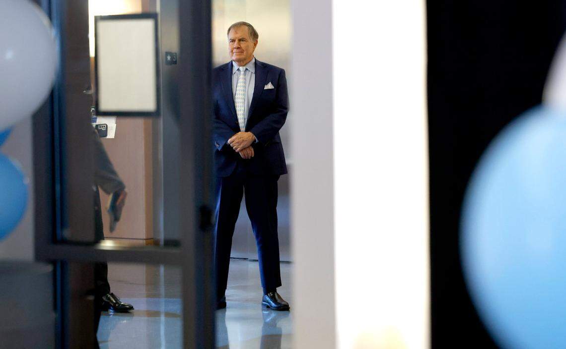 Bill Belichick prepares to enter the room where for a press conference after he was announced as the new North Carolina head football coach. The press conference took place at the Loudermilk Center for Excellence at UNC in Chapel Hill, N.C., Thursday, Dec. 12, 2024.
