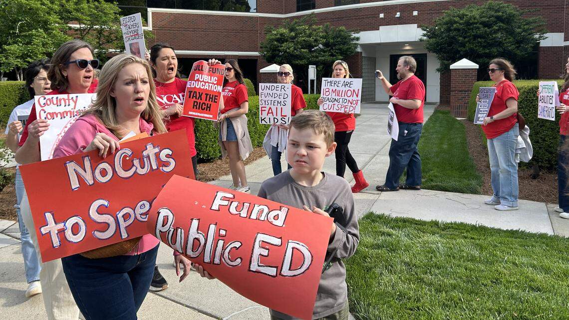 More than 200 picketers urged the Wake County school board to ask commissioners for more than a $25 million increase in school funding during a protest organized by Wake NCAE outside the meeting in Cary, N.C., on April 7, 2026.