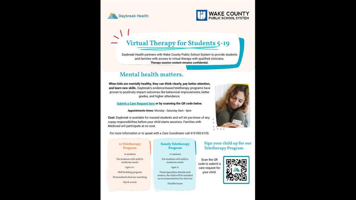 Flier for Daybreak Health, which plans to offer teletherapy in all Wake County schools by the end of the 2025-26 school year.