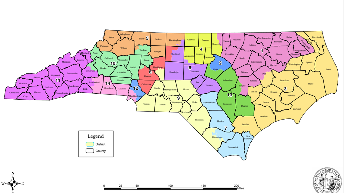 The N.C. Senate released this proposed map of U.S. House districts on Thursday, Feb. 17, 2022.