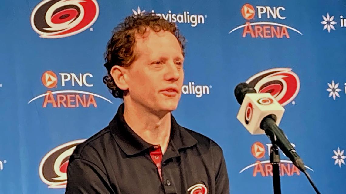Carolina Hurricanes general manager Eric Tulsky addresses media questions at press conference June 19, 2024, at PNC Arena.