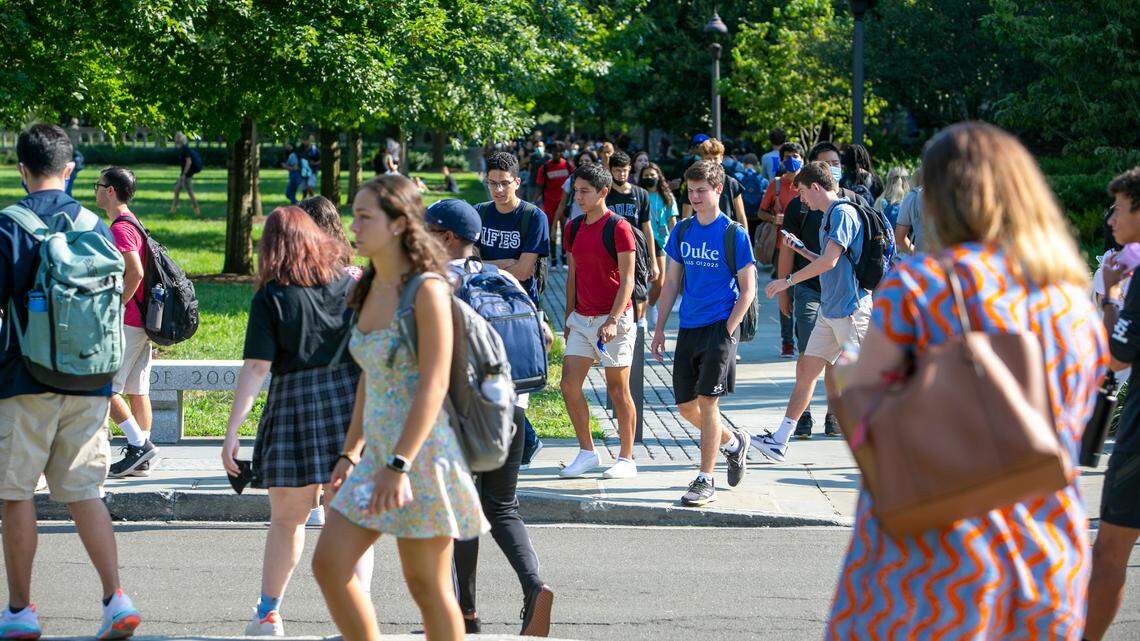 Students walk to first day of classes (FDOC) on Duke’s west campus to kick off the Fall 2021 semester.
