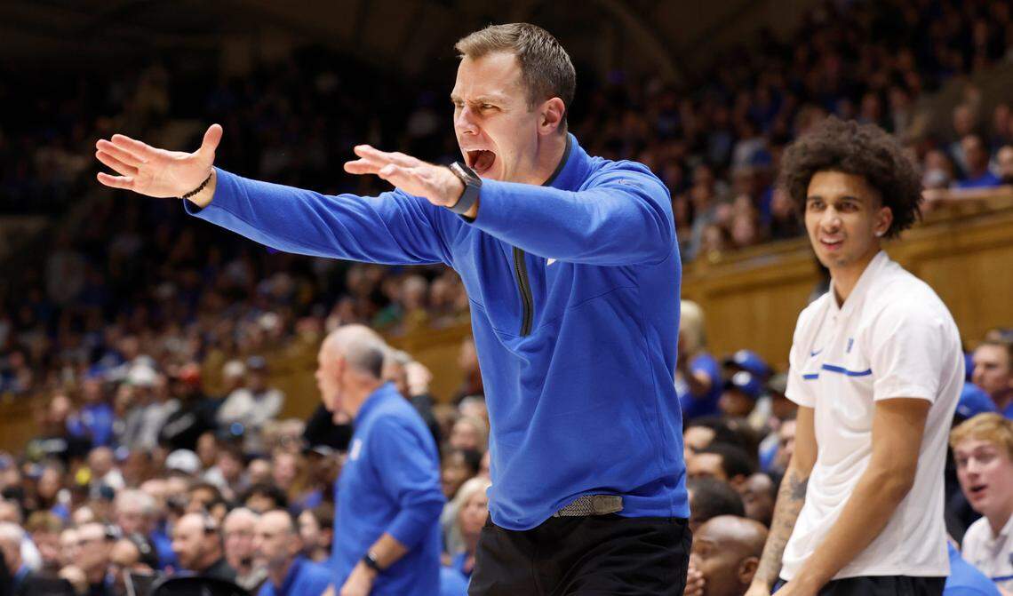 Duke head coach Jon Scheyer yells as the officials during the second half of Duke’s 80-56 victory over Charlotte at Cameron Indoor Stadium in Durham, N.C., Saturday, Dec. 9, 2023.