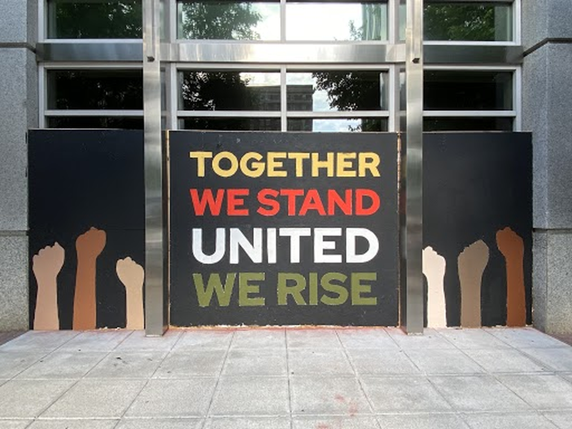 A mural recently completed at Red Hat Tower in downtown Raleigh in the wake of protests over the death of George Floyd.