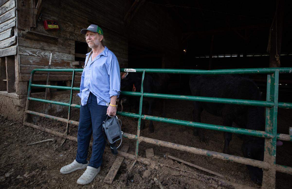 Randy Lewis holds his portable wound vac as he stands in front of the barn at Ran-Lew Dairy Farm in Snow Camp, N.C. on Friday, June 16, 2023. Lewis spent 26 days in the hospital after being attacked by a black Angus bull on his farm last month. He returned home to Ran-Lew Dairy on June 2, where he has continued his recovery.