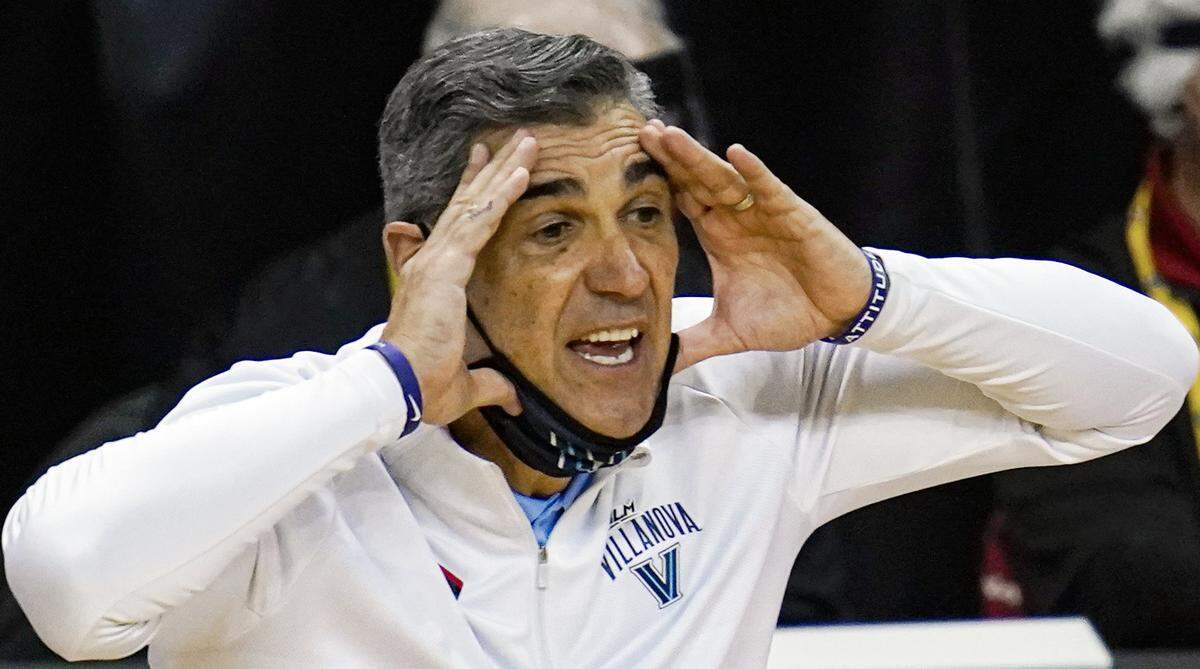 Villanova head coach Jay Wright yells to his team as they played against Winthrop in the second half of a first round game in the NCAA men’s college basketball tournament at Farmers Coliseum in Indianapolis, Friday, March 19, 2021. 