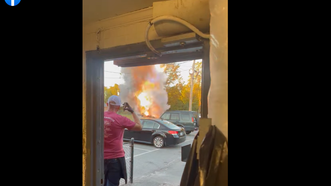 A worker captured video of a truck explosion that burned two people near a North Carolina BBQ restaurant Monday. TOBY BIVENS FACEBOOK SCREENGRAB