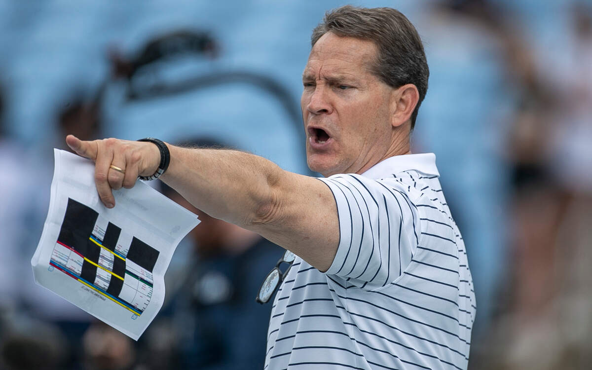 North Carolina assistant head coach for defense Gene Chizik directs his players during warm ups, prior to the Tar Heels’ spring football game on Saturday, April 15, 2023 at Kenan Stadium in Chapel Hill, N.C.