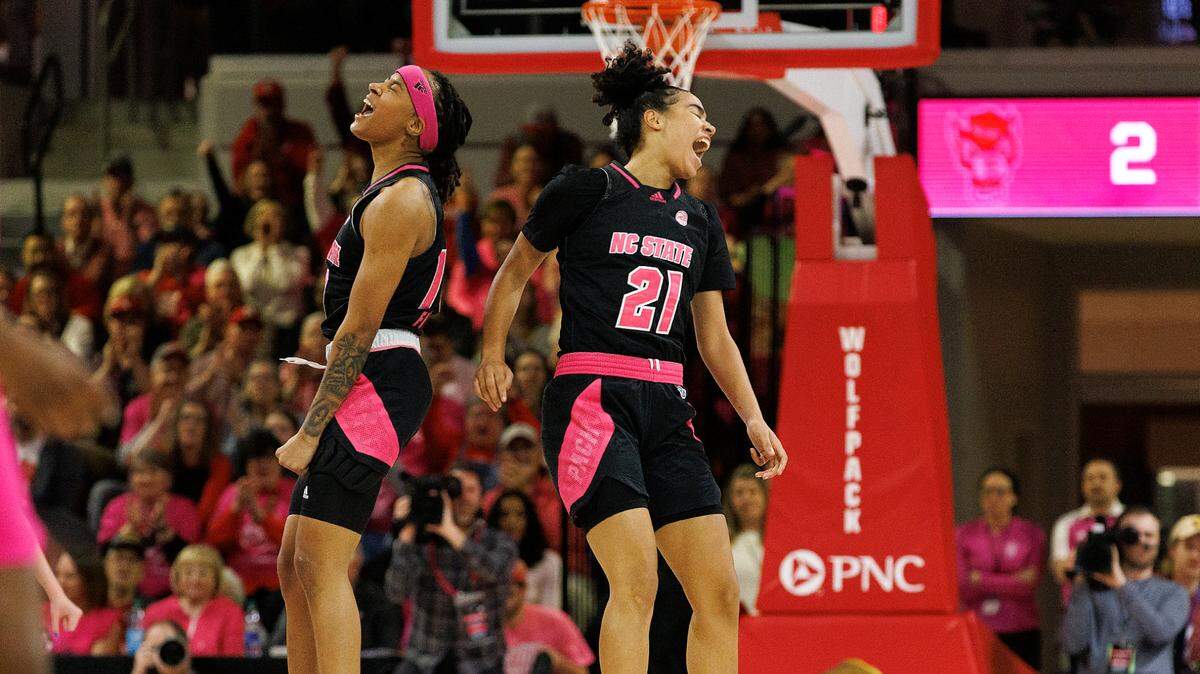 N.C. State’s Aziaha James and Madison Hayes celebrate during the first half of the Wolfpack’s 77-67 win over Louisville on Monday, Feb. 5, 2024, at Reynolds Coliseum in Raleigh, N.C.
