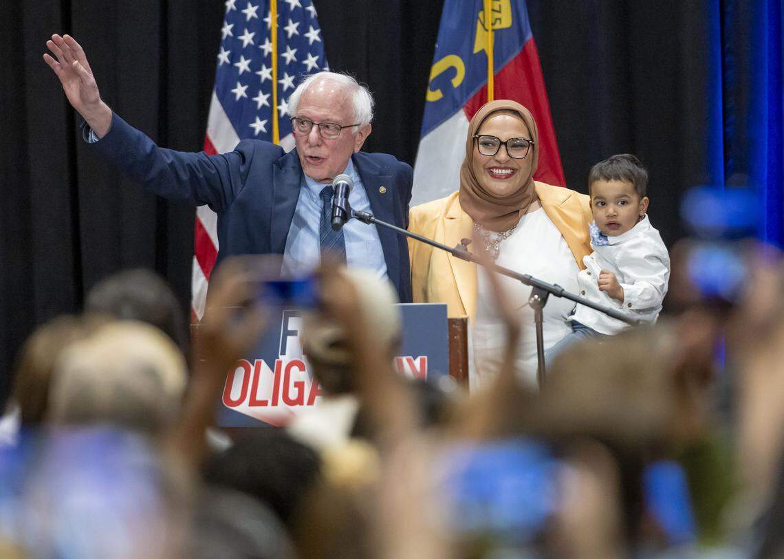 US Sen. Bernie Sanders endorses U.S. House candidate Nida Allam during a stop of his “Fighting Oligarchy” tour on Feb. 13 at the Durham Convention Center.