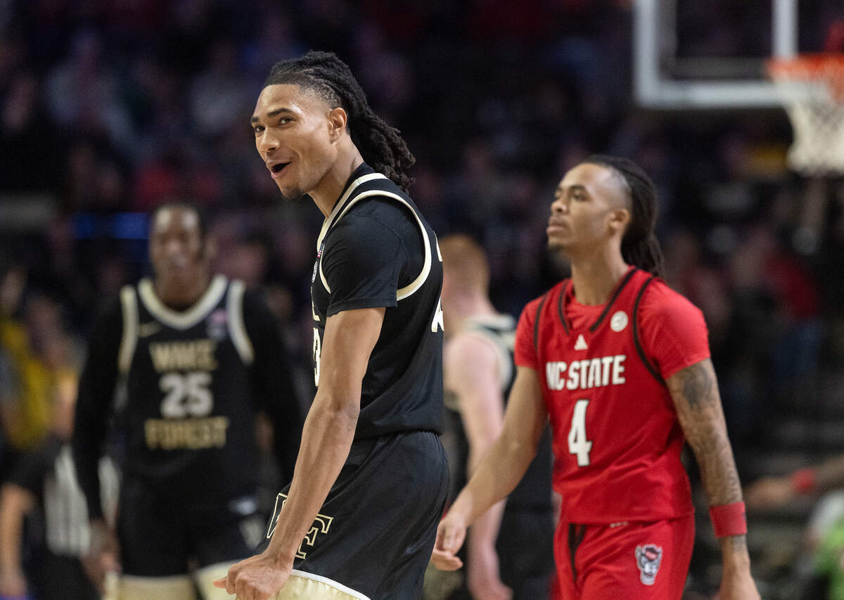 Wake Forest’s Hunter Sallis reacts during the second half of the Demon Deacons’ 77-59 win over N.C. State on Saturday, Jan. 4, 2025, at Lawrence Joel Veterans Memorial Coliseum in Winston-Salem, N.C.