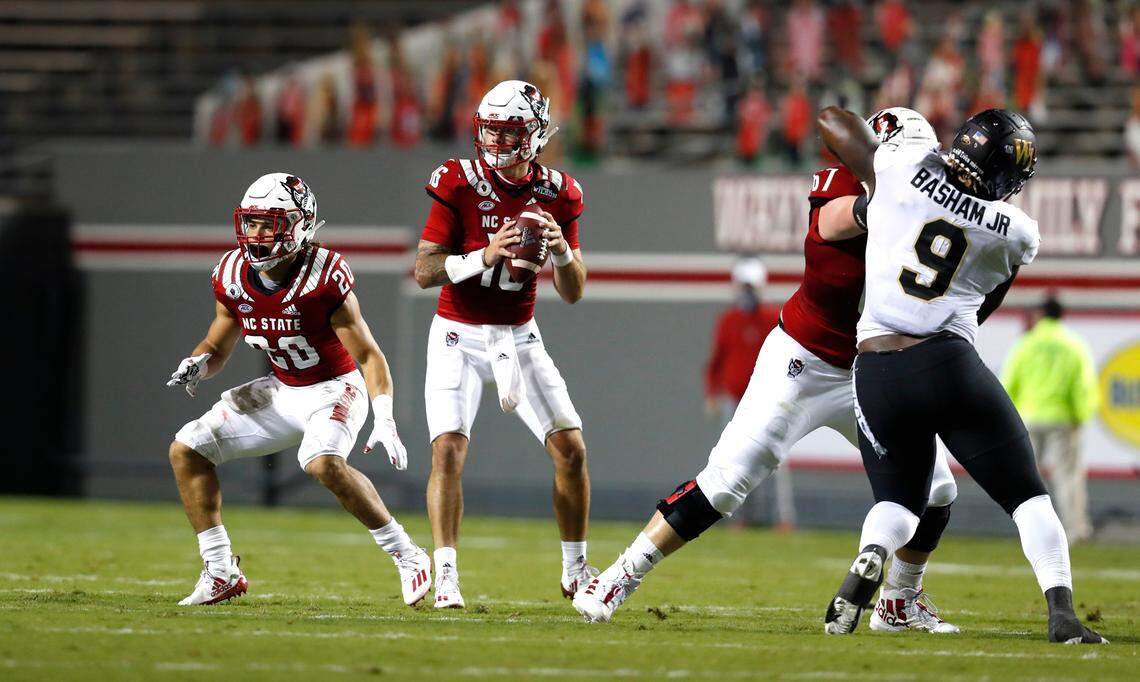 N.C. State quarterback Bailey Hockman (16) looks to pass during the first half of N.C. State’s game against Wake Forest at Carter-Finley Stadium in Raleigh, N.C, Saturday, Sept. 19, 2020.