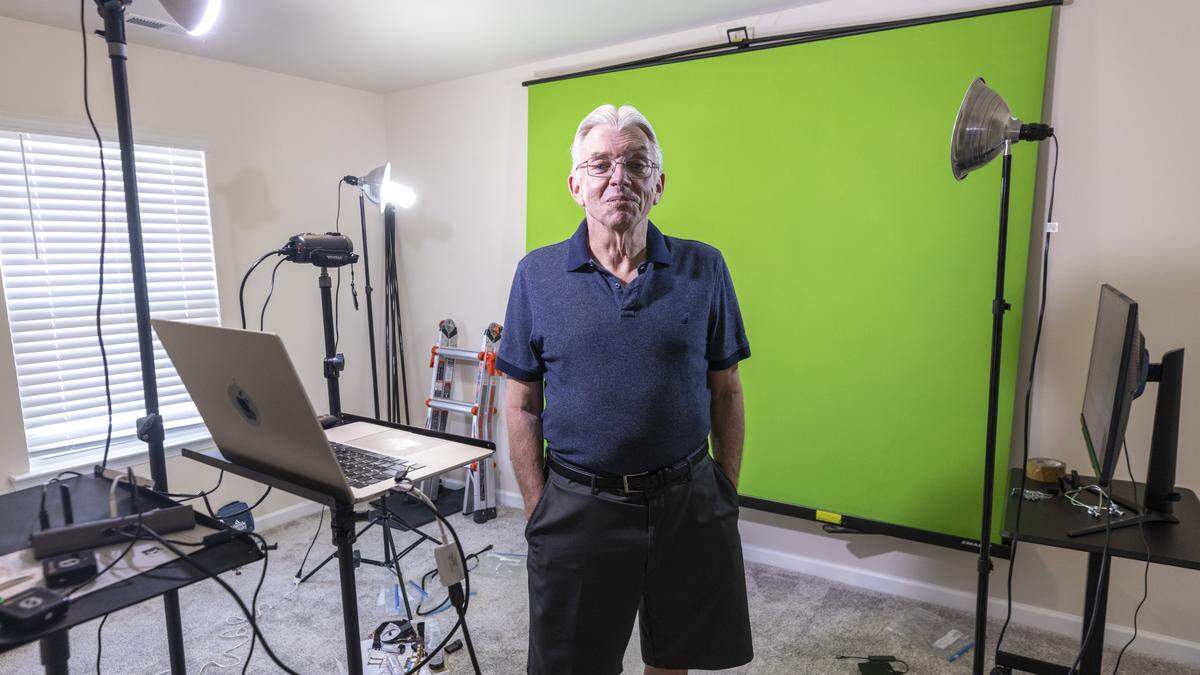 Former WRAL meteorologist Greg Fishel in his home weather studio in Fuquay-Varina on Wednesday, March 11, 2026. Fishel uses the green screen and other equipment to create videos for Patreon, a subscription platform where members pay to access his “O'Fishel” Triangle weather forecasts.