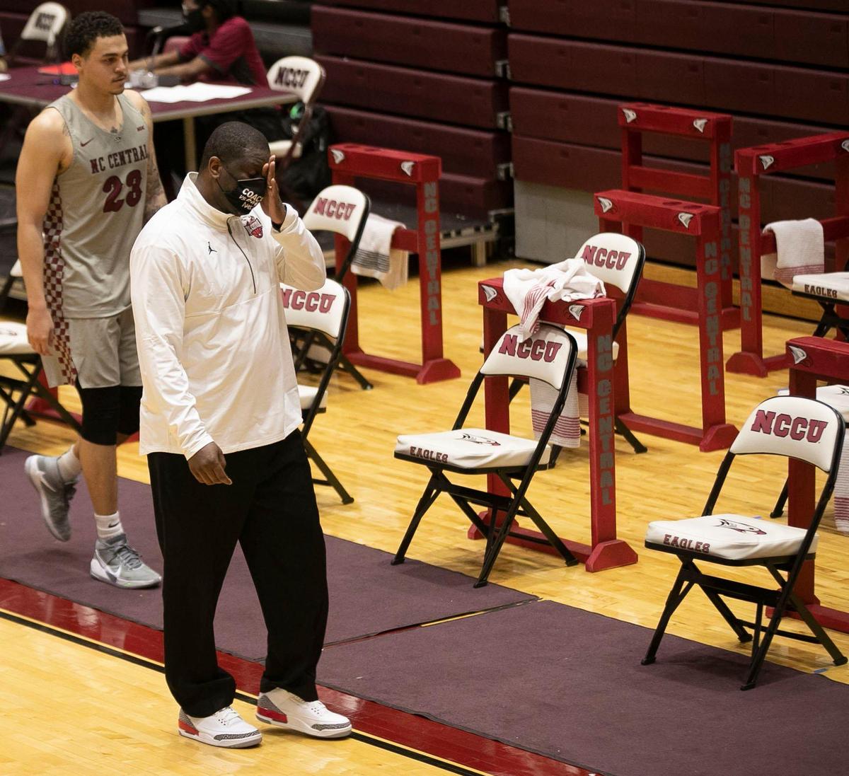 North Carolina Central University coach LeVelle Moton leaves the court following their loss to Florida A&M on March 3 at McDougald-Mclendon Arena in Durham. This season, the team has only played 13 games due to the COVID-19 pandemic.