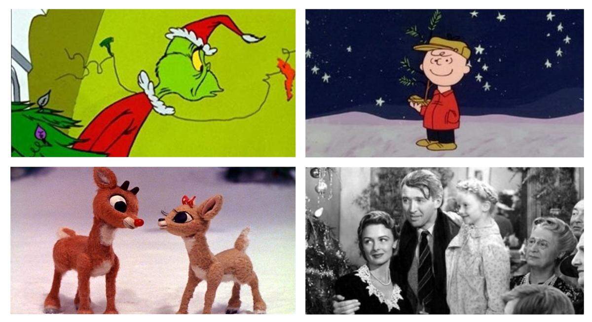 Enjoy Christmas television programming such as (clockwise) “How the Grinch Stole Christmas!” “A Charlie Brown Christmas,” “It’s a Wonderful Life” and “Rudolph the Red-Nosed Reindeer.”